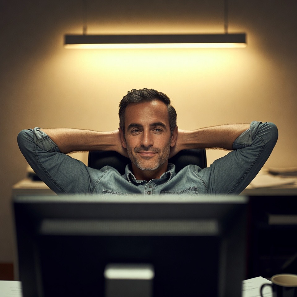 Relaxed freight broker leaning back — quoting is handled